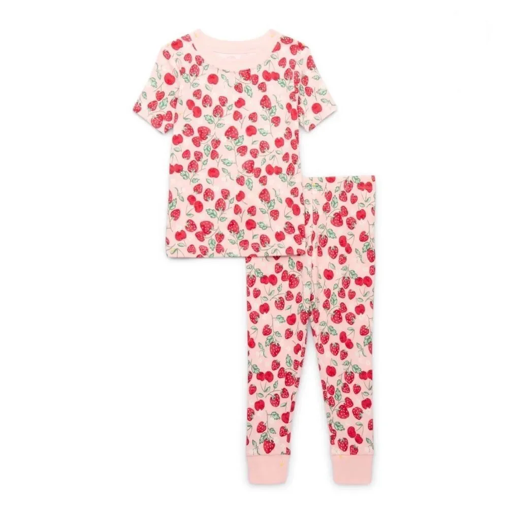 Toddler Cotton Sleep Tee & Pants Pajama Strawberry Print 2-Piece Set Size 4T